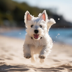 adorable white westin highland terrier dog, running and jumping on the beach. Vacations concept - obrazy, fototapety, plakaty