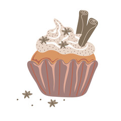 Pumpkin spice cupcake with whipped cream and cinnamon for autumn menu or greeting card design. Vector illustration