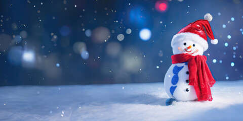 Naklejka na ściany i meble The snowman with red hat and scarf is standing in the snow,Generative AI.