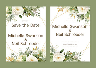 Floral wedding invitation card template design, purple watercolor decorated with magnolia liliiflora flowerss on white