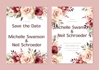Floral wedding invitation template with brown sakura flowers and leaves decoration. Botanic card design concept