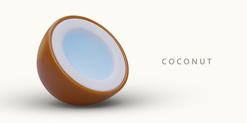 Half of ripe brown coconut. 3D cut palm nut. Tropical natural product. Nut milk for vegetarian cocktails. Horizontal commercial banner for products with coconut