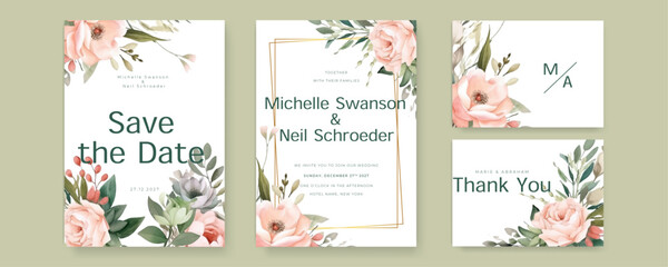 Floral wedding invitation card template design, purple watercolor decorated with magnolia liliiflora flowerss on white