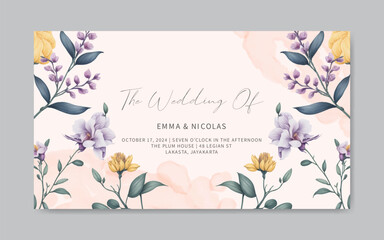 Romantic watercolor flowers wedding invitation template