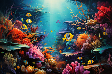 Fototapeta na wymiar a vibrant coral reef teeming with colorful fish, capturing the beauty and tranquility of the marine world beneath the surface. Generative AI