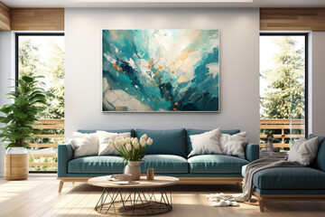 An abstract painting inspired by the fluidity and movement of underwater currents, using bold brushstrokes and a palette of blues and greens to evoke the sense of immersion and exp Generative AI