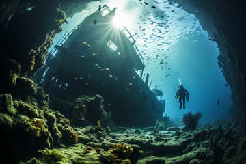 divers exploring shipwrecks and encountering marine life, highlighting the sense of adventure and discovery in the world of diving. Generative AI