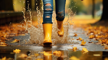 Colorful Moments: Close-Up of Child's Legs and Yellow Boots in Rainy Day Play