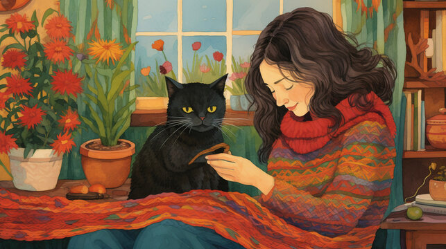 Childbook illustration girl and cat