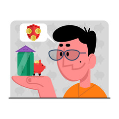 Male holding in hand moneybox and credit card, thinking about saving money. Making bank deposits and investments. Modern finance management strategy. Valuable economic resources. Vector