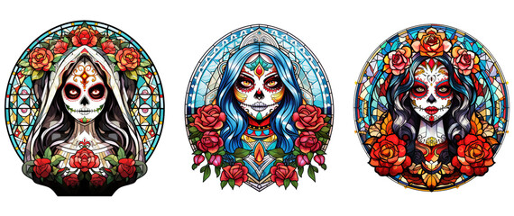 Stained Glass Catrina, Mexican tradition, Day of the Dead. Generative AI