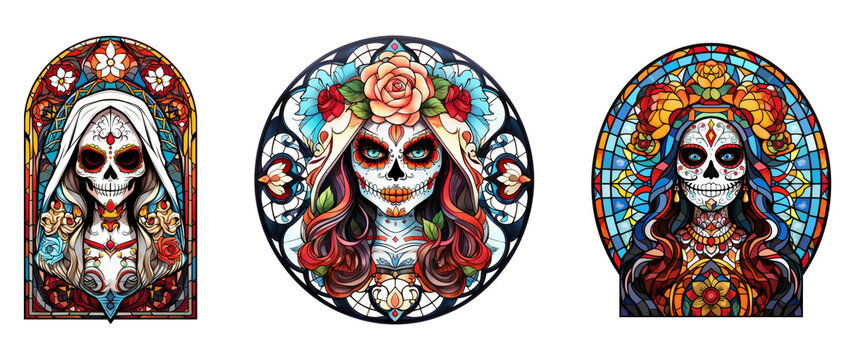 Stained Glass Catrina, Mexican tradition, Day of the Dead. Generative AI