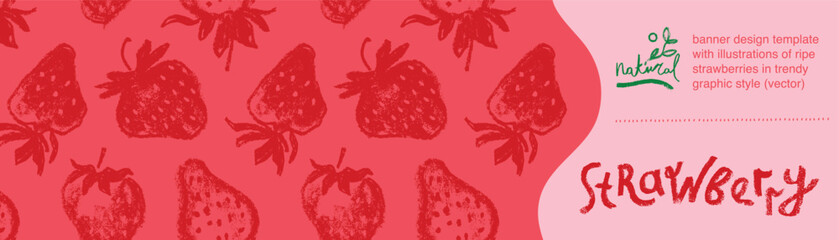 Template label design with hand drawn illustrations of ripe strawberries vector. Strawberry pattern seamless. Red berries for vegan banner, juice, jam label design. Strawberry smoothie background.