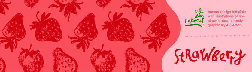 Template label design with hand drawn illustrations of ripe strawberries vector. Strawberry pattern seamless. Red berries for vegan banner, juice, jam label design. Strawberry smoothie background. - obrazy, fototapety, plakaty