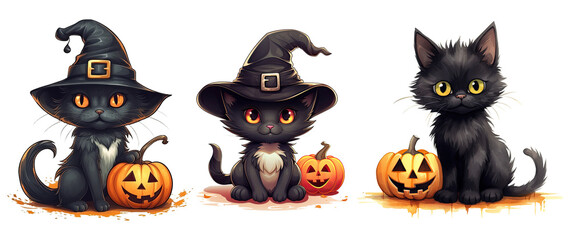 Cute black cat, watercolor black cat with pumpkin, Halloween. Generative AI