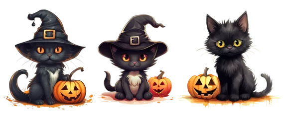Fotobehang Cute black cat, watercolor black cat with pumpkin, Halloween. Generative AI © Aspect_Studio