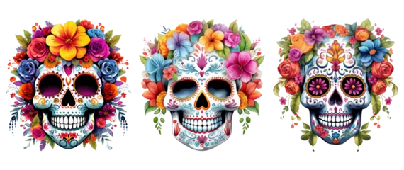 Behang Schedel Sugar skull, floral skull, day of the dead, Mexican skull. Generative AI
