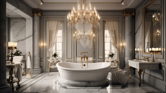 Luxurious bright bathroom with a huge chandelier new quality universal colorful technology stock image illustration design, generative ai