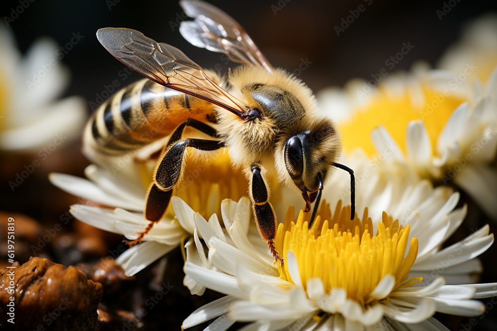 Poster close-up of a bee collecting nectar from a flower, macro, image should convey industriousness wallpa