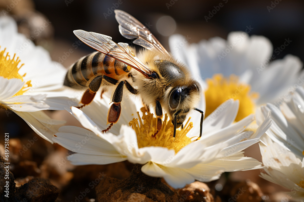 Poster close-up of a bee collecting nectar from a flower, macro, image should convey industriousness wallpa
