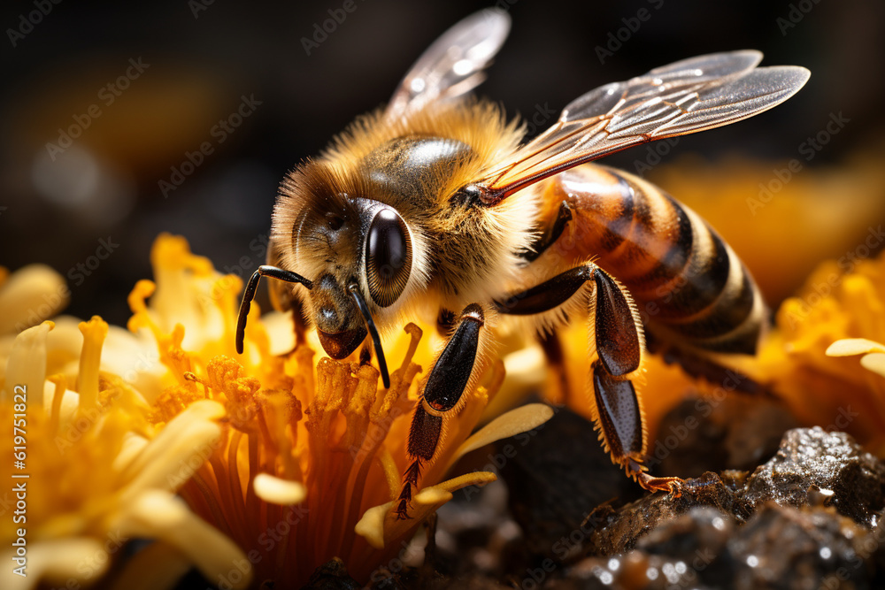 Poster close-up of a bee collecting nectar from a flower, macro, image should convey industriousness wallpa