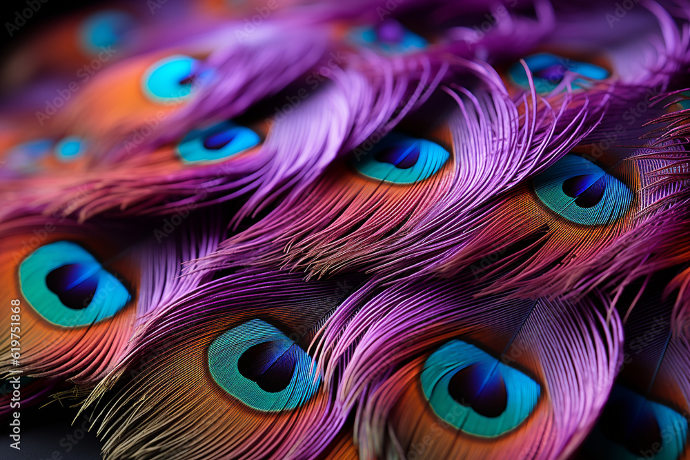 Poster Details of a colorful peacock feather, macro, image should convey intricacy Wallpaper Generative AI