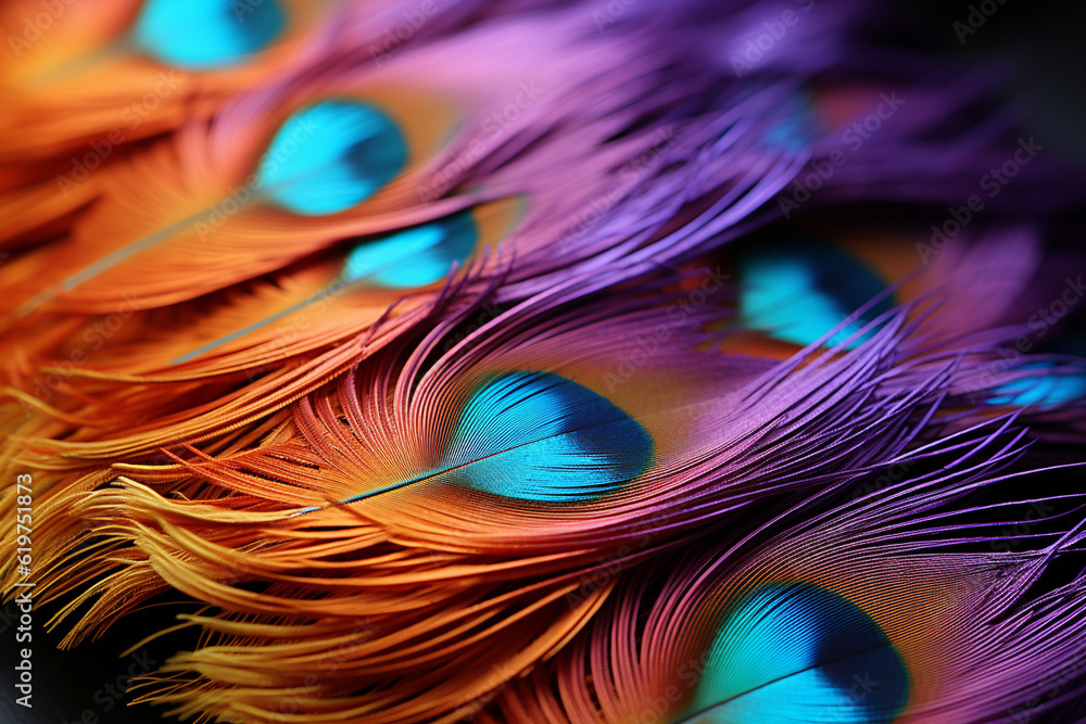 Poster details of a colorful peacock feather, macro, image should convey intricacy wallpaper generative ai