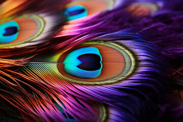 Obraz premium Details of a colorful peacock feather, macro, image should convey intricacy Wallpaper Generative AI
