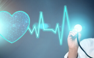 Doctor, hands and 3d heart hologram for cardiology, BPM or monitoring against a studio background....