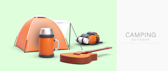Camping outdoor. Horizontal template with text. 3D tourist equipment. Tent, thermos, backpack, guitar. Vector concept for covers, flyers billboards, commercial banners