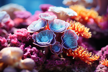 Details of a colorful coral reef, macro, image should convey vibrancy Wallpaper Generative AI