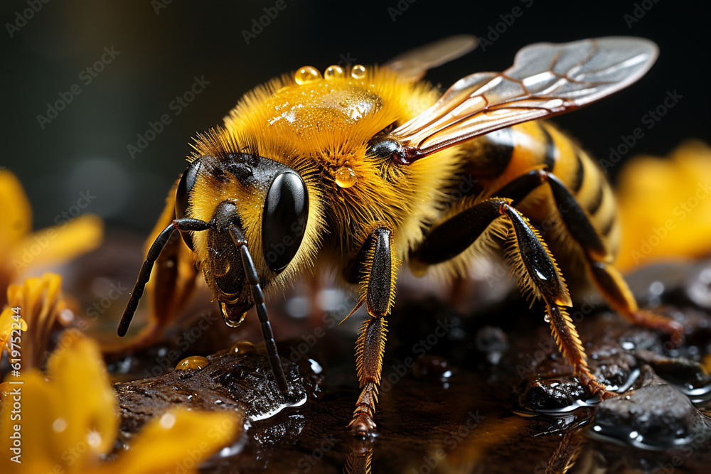 Poster details of a bumblebee covered in pollen, macro, image should convey abundance wallpaper generative 