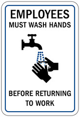Hand washing sign and labels employees must wash their hands before returning to work
