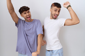 Homosexual gay couple standing over white background dancing happy and cheerful, smiling moving casual and confident listening to music