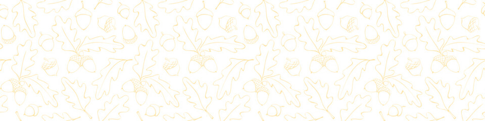Seamless pattern with oak leaves, acorns. Vector autumn texture isolated, hand drawn in doodle style, light brown outline. Concept of forest, leaf fall, nature, thanksgiving © Iuliia