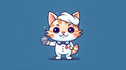 Chef Kitten with cake isolated on blue, generative AI.