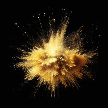 Gold glitter powder explosion. Golden color dust splash. Particles burst with golden texture for fashion background, luxury wallpaper. Magic mist glowing background. Generative ai illustration