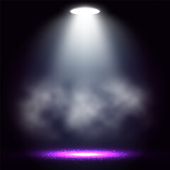 Spotlights. Scene for presentation illuminated by spotlights with smoke. Vector illustration.