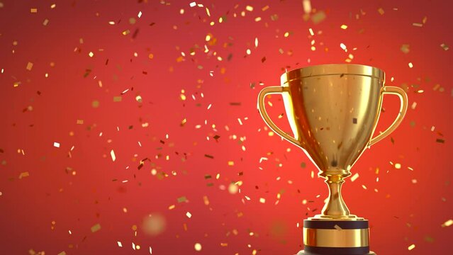 Looping video of Golden trophy with falling golden confetti, Victory concept
