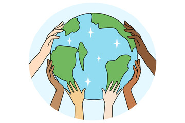 People hands holding planet Earth
