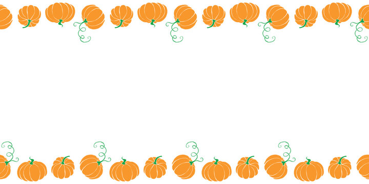 Background, frame made of orange pumpkins in flat style. Horizontal top and bottom edging, border, decoration for seasonal design, thanksgiving theme and Halloween