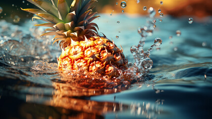 A pineapple floating on the water. Generative Ai