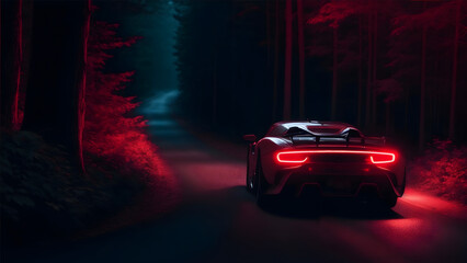 Fototapeta na wymiar Sport car driving through the forest at night