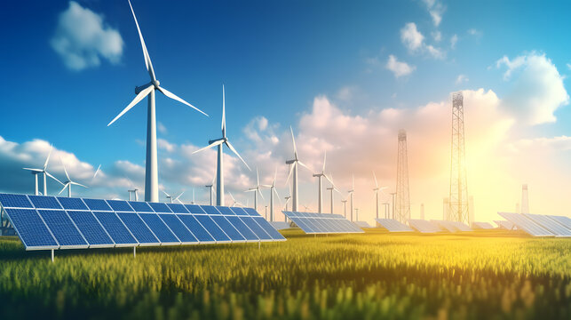 Wind farms, solar power plants, green energy. Ecology concept