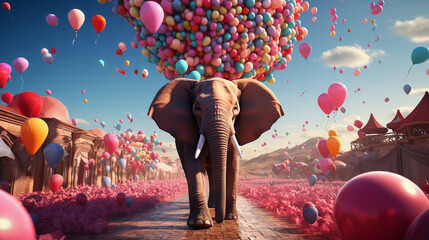 A surreal and magical scene featuring an elephant floating with balloons. Generative Ai - obrazy, fototapety, plakaty