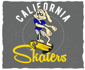 Free vector skateboard t-shirt label design with illustration of RABBIT playing skateboard