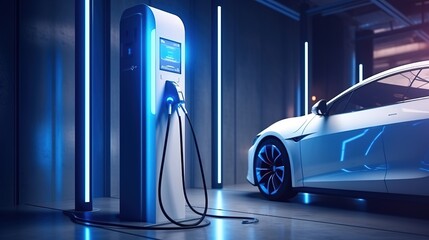 Fototapeta na wymiar High-speed charging station for electric vehicles at home garage with blue energy battery charger. Fuel power and transportation industry with generative ai