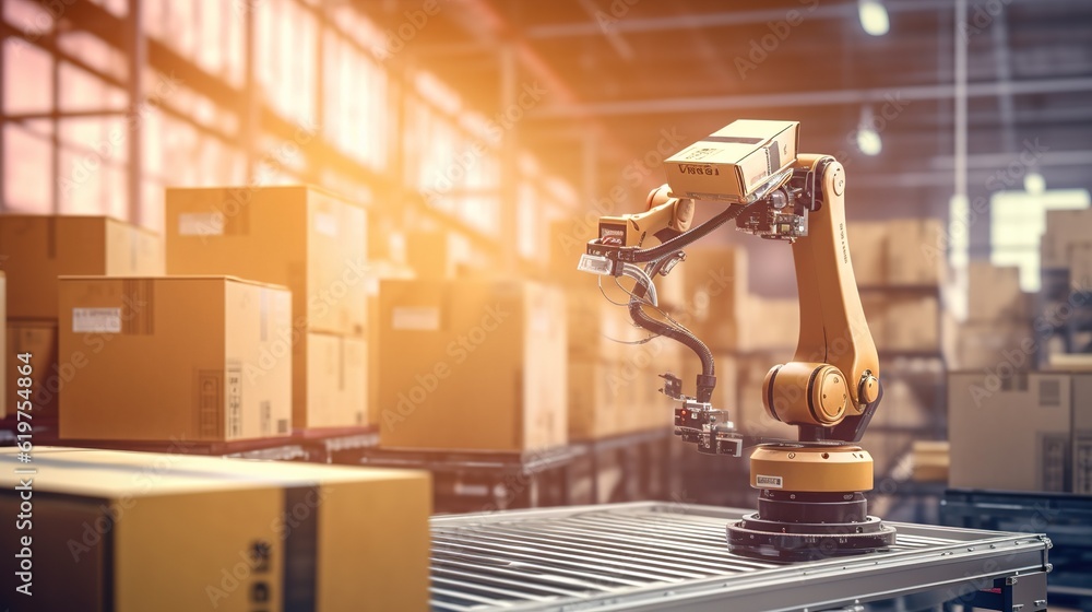 Poster industrial robot arm grabbing the cardboard box on roller conveyor rack with storage warehouse backg