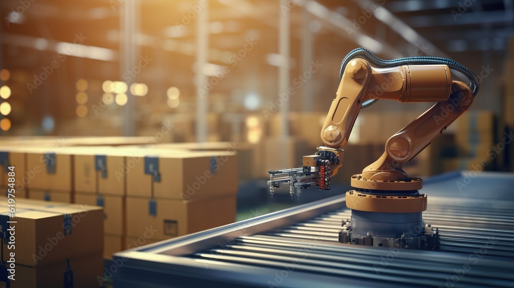 Poster industrial robot arm grabbing the cardboard box on roller conveyor rack with storage warehouse backg