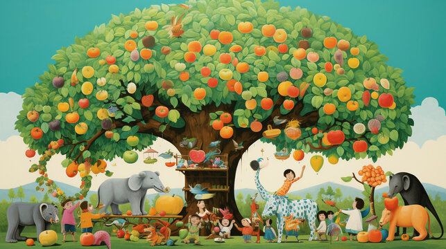 Childbook illustration feeding animals